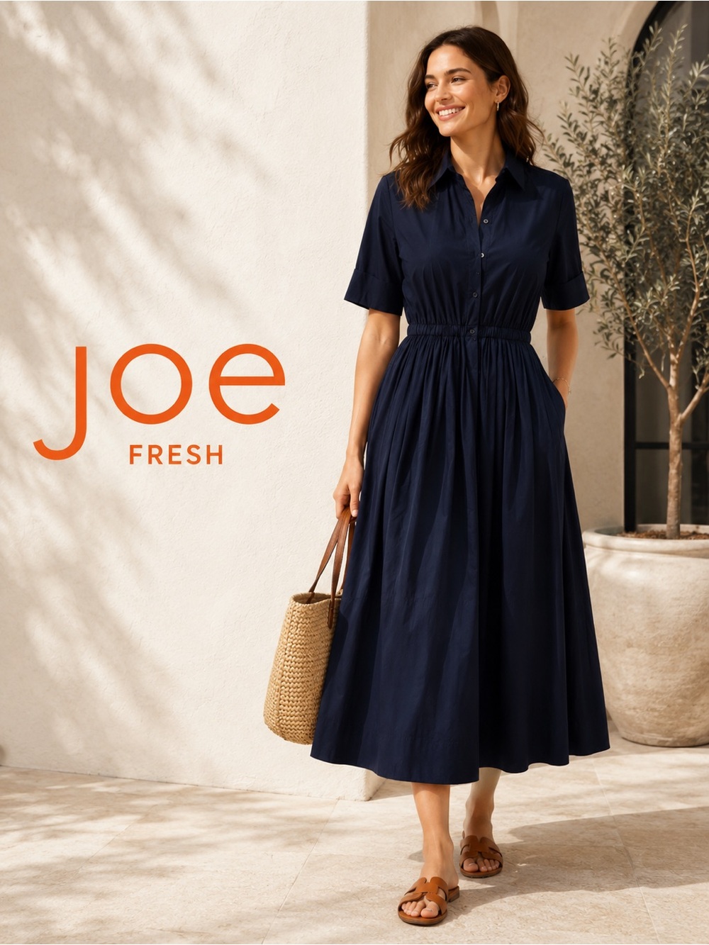 Joe Fresh Navy Button-Front Midi Shirt Dress